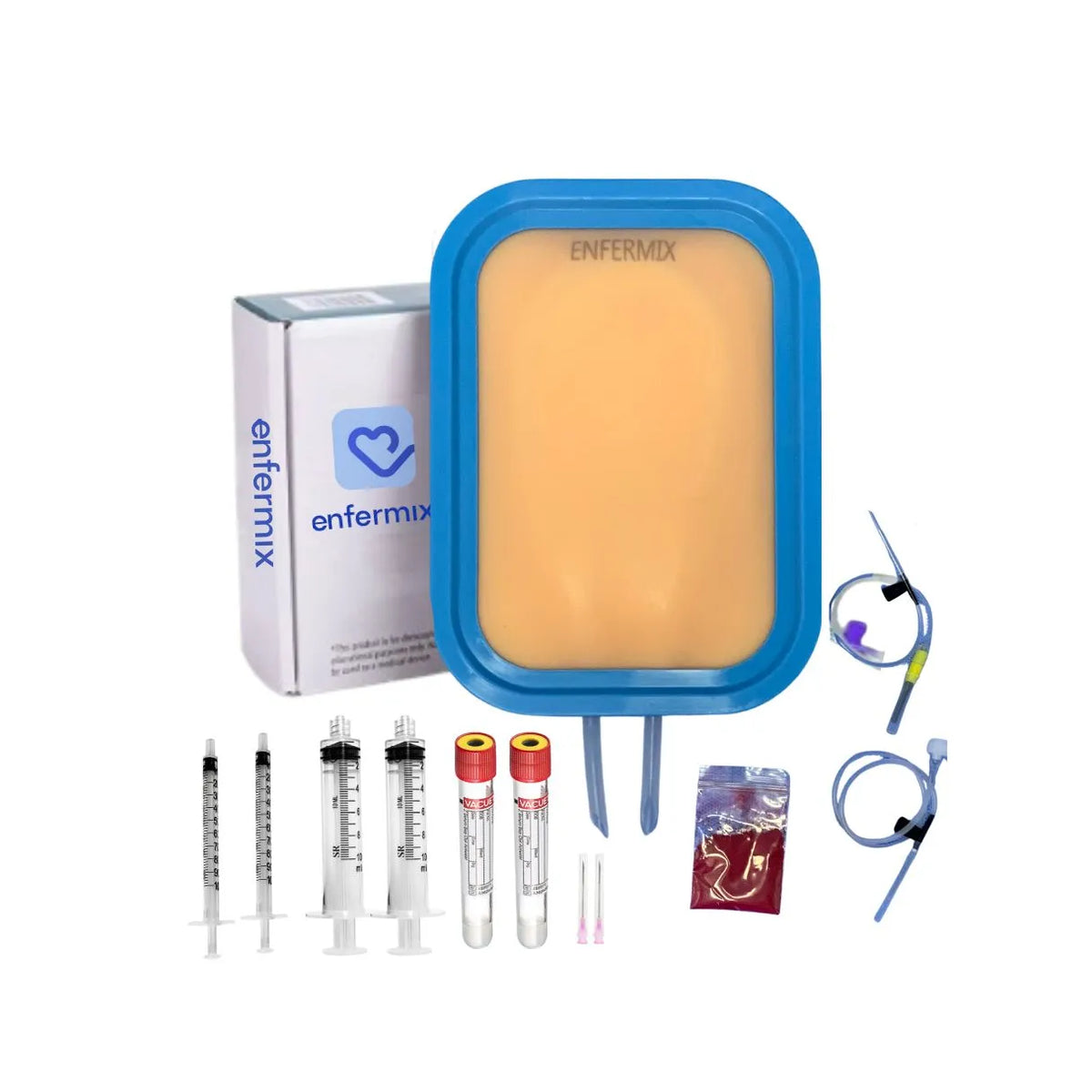 Kit Simulador de Punção Venosa e Coleta de Sangue Oficial Enfermix com componentes para treinamento clínico realista.