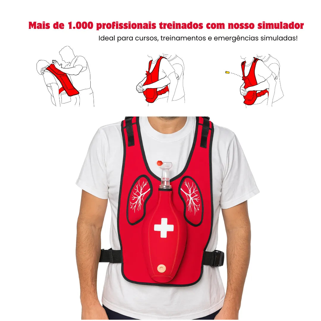 Sequência de imagens mostrando o passo a passo da manobra de Heimlich com colete de simulação.